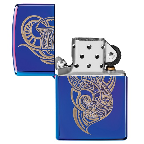 ZIPPO TATTOO DESIGN BLEU - briquet ouvert